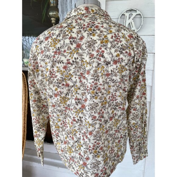 Vintage 1960s Womens Beige Floral Button Blouse Cotton blend Size Large - Picture 2 of 16